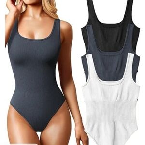 Women's Ribbed Bodysuit X3- Black and White And Grey